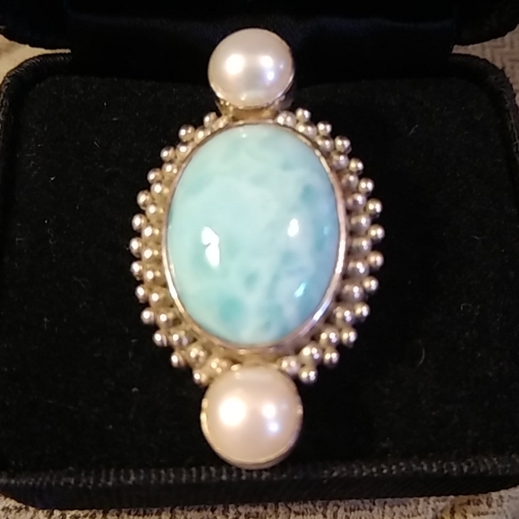 Sajen Jewelry - Striking Sajen Larimar and Pearl Ring